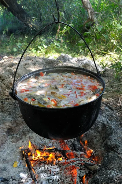 Topf mit heißem Essen im Freien — Stockfoto