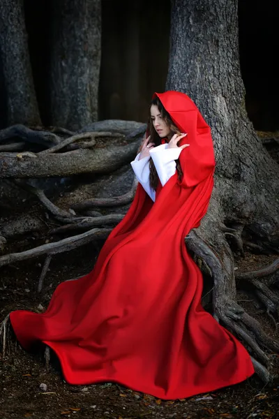 Mulher bonita com manto vermelho posando na floresta — Fotografia de Stock