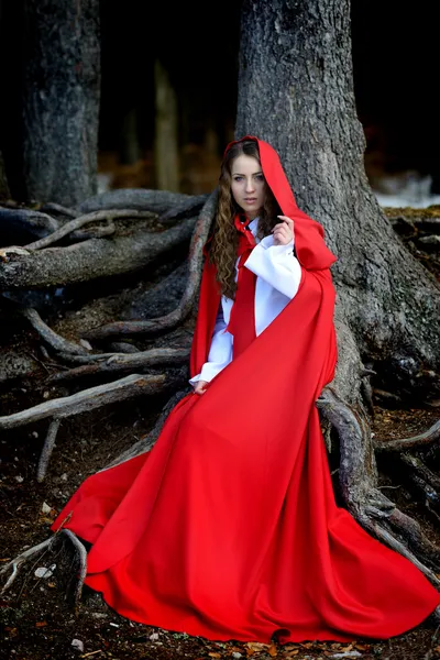 Mulher bonita com manto vermelho posando na floresta — Fotografia de Stock