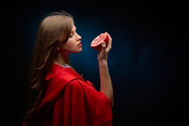 beautiful woman with red cloak and fruit clipart