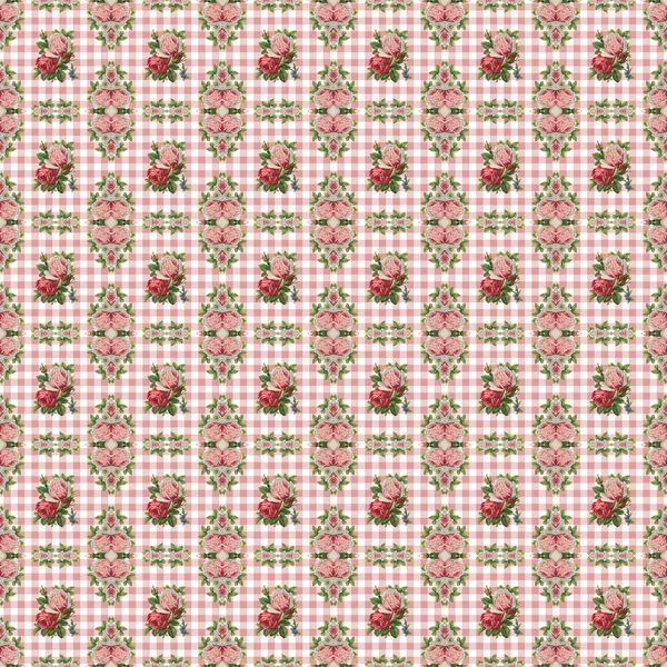 Seamless Roses on Pink Gingham — Stock Photo, Image