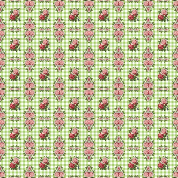 Sömlös rosor på gröna gingham — Stockfoto
