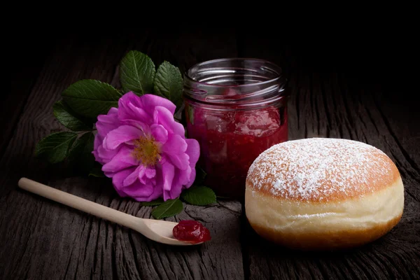 Fresh baked donut and red fruit jam — Stock Photo, Image