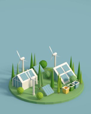 Çevre dostu akıllı ev, 3 boyutlu görüntüleme. Güneş enerjili evler, ekoloji güneşten bedava enerji almak için bir enerji tasarrufu kavramıdır..