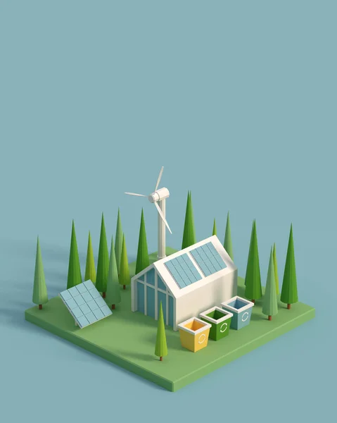 Çevre dostu akıllı ev, 3 boyutlu görüntüleme. Güneş enerjili evler, ekoloji güneşten bedava enerji almak için bir enerji tasarrufu kavramıdır..
