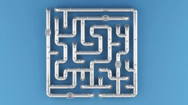 Maze Code Form Made Steel Pipes Illustration Oil Pipes Blue — Stock Photo, Image
