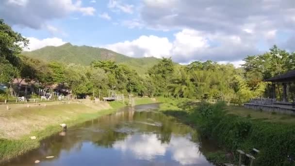 Beautiful Green Landscape Water Source Reflecting Sky Flora Mountain Back — Stockvideo