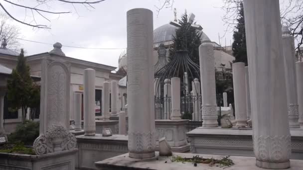 Pilastri Bianchi Sulle Tombe Nel Cimitero Con Rami Alberi Secchi — Video Stock