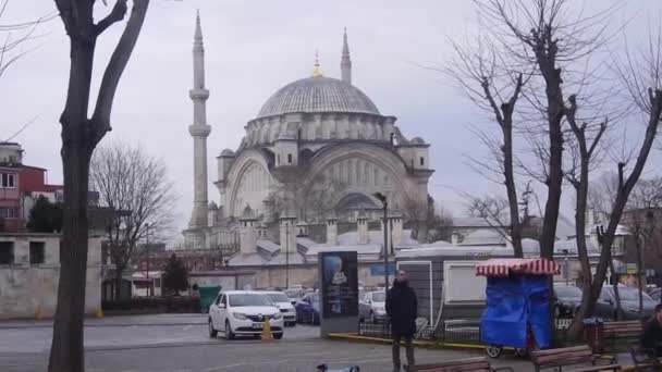 Uomo Piedi Vicino Parcheggio Rami Alberi Secchi Con Moschea Nella — Video Stock