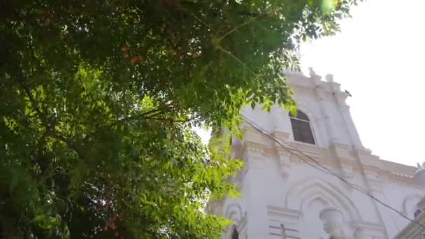 Rayo Sol Sobre Edificio Blanco Detrás Las Hojas Los Árboles — Vídeos de Stock