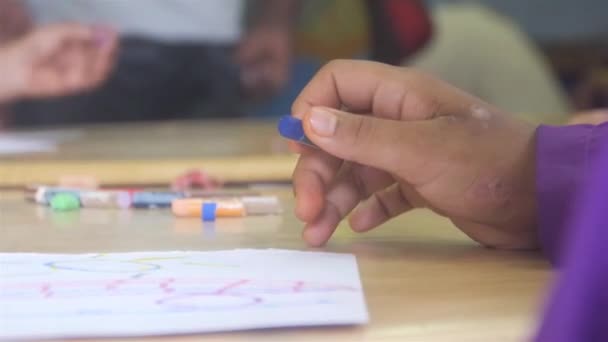Little Boy Hands Girls Coloring Crayons Pan Right Left — Vídeo de Stock