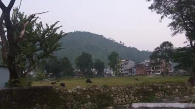 Etrafı Flora ile çevrili tuğla duvarlı manzara Dağların önünde - Statik 