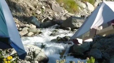 Water Flowing Surrounded By Rocks Near Flora And Tents - Handheld