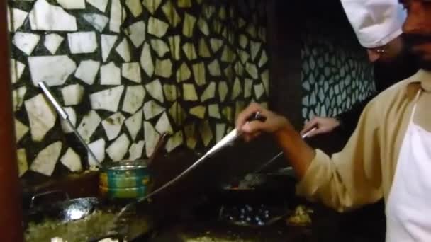 Chefs Cooking Kitchen Stirring Chicken Stove Pan Handheld Right Left — Vídeos de Stock