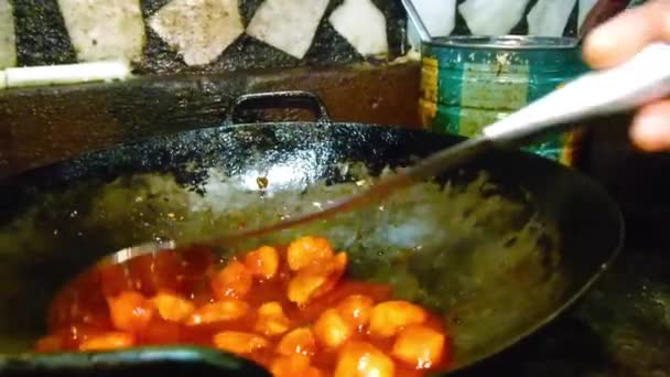 Stirring Adding Salt Food Spicy Sauce Cooking Pot Handheld — Vídeo de Stock