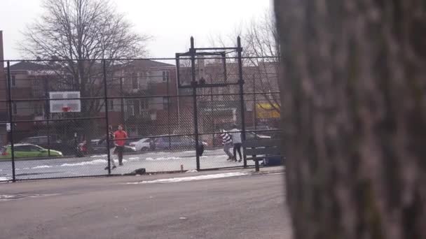 Men Playing Basketball Fence Tree Trunk Slide Right Left — Stockvideo