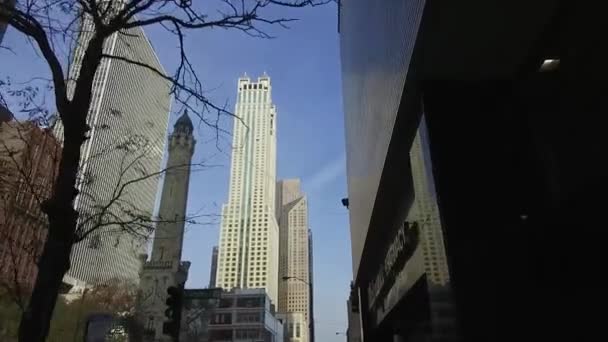 Walking Surrounded Buildings Blue Sky Slide Forward — Stockvideo