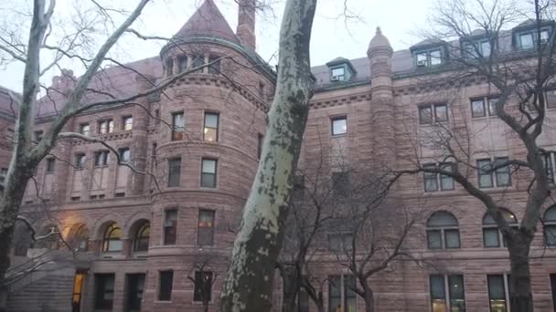 Red Brick Building Dry Trees Pan Right Left — 图库视频影像