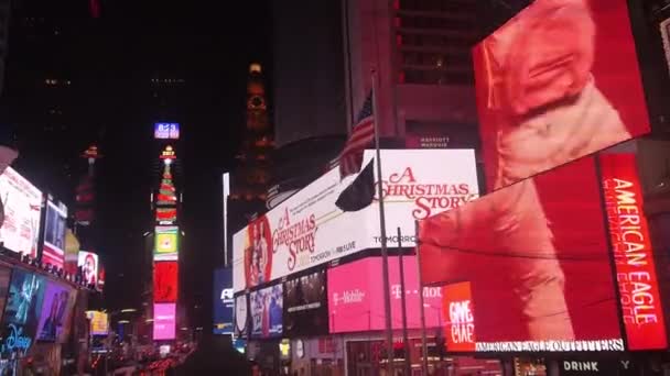 Lit Adverts Buildings Night Pan Right Left — Video Stock