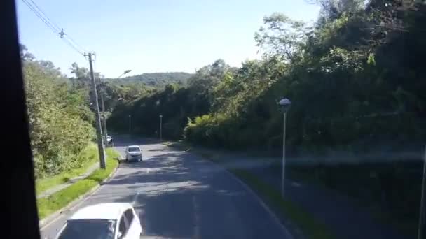 Carros Estrada Perto Árvores Vista Janela Ônibus Slide Para Frente — Vídeo de Stock