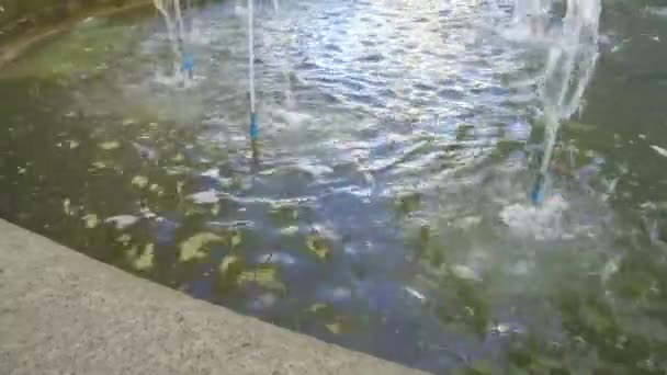 Water Fountain People Walking Busy Street Tilt — Stock Video