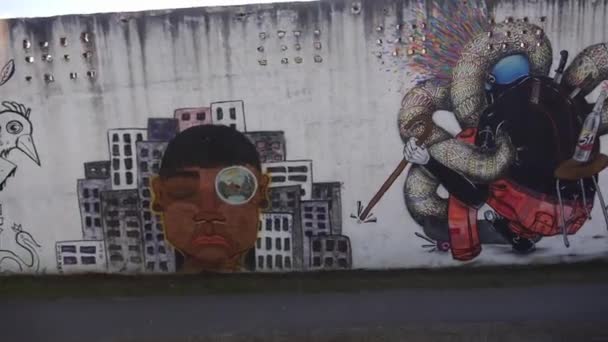 Passerar Genom Gatan Graffitikonst Väggar Slide Vänster Till Höger Sedan — Stockvideo