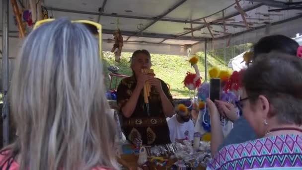 Menschen Beobachten Mann Beim Spielen Einer Panflöte Hinter Marktstand Statisch — Stockvideo