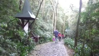 Flora tarafından çevrelenmiş kaldırımlarda yürüyen aile ileriye doğru kayıyor..