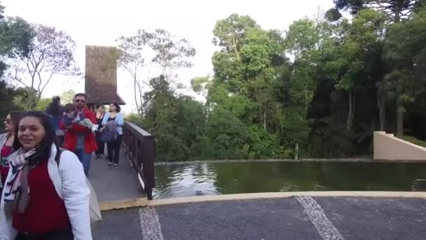 People Walking Bridge Water Source Trees Pan Right Left — Stock Video