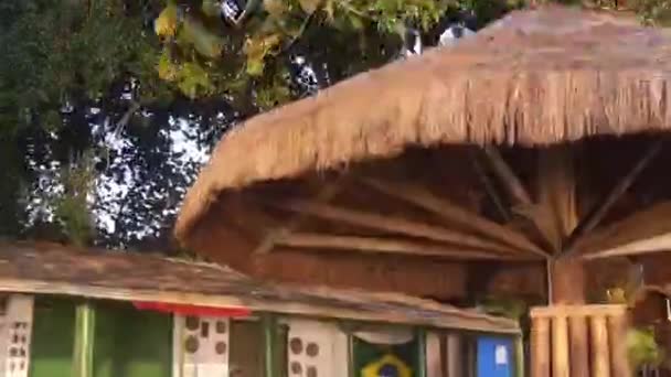 Hojas Ramas Árboles Refugio Paja Construcción Con Bandera Brasileña Inclinado — Vídeos de Stock