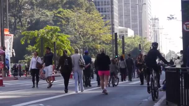 Vista Rua Ocupada Lotada Com Passagem Patinadores Rolos Estático — Vídeo de Stock