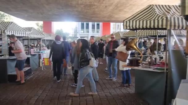 People Visiting Stands Market Pan Right Left — Stock Video