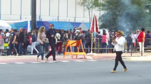 火災煙の周りに群衆の集まりで歩く人々 スローモーション — ストック動画