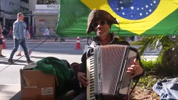 Osoba Daje Pieniądze Fajne Busking Akordeonista Gra Przed Brazylijskiej Flagi — Wideo stockowe