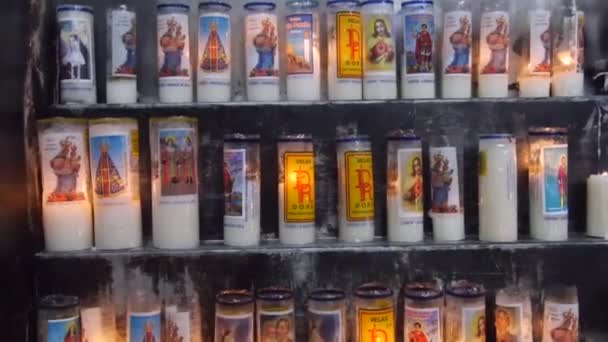 Front View Warm Light Christian Candles Shelves Handheld — Stok video