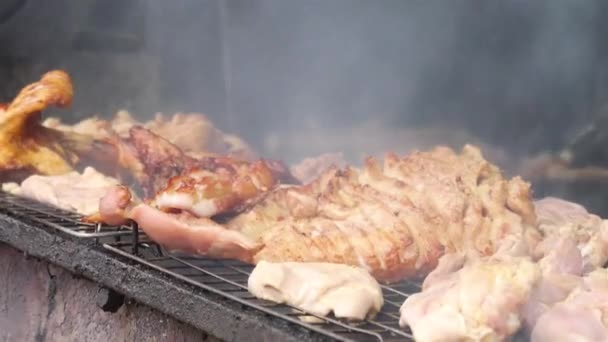 Fleisch Auf Dem Grill Kochen Folie Von Rechts Nach Links — Stockvideo