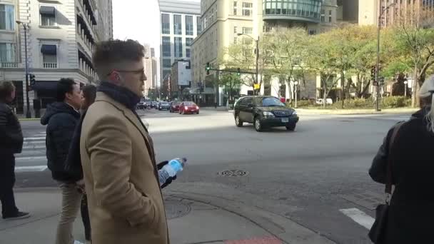 Man Talking Phone Using Headset Zebra Crossing Street Slide Left — Stock video