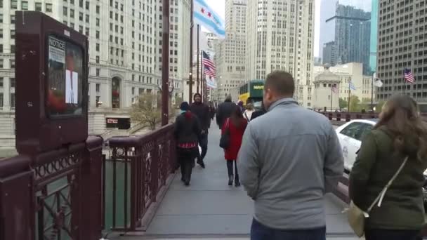 People Walking Bridge Flags Cars Slide Forward — Video