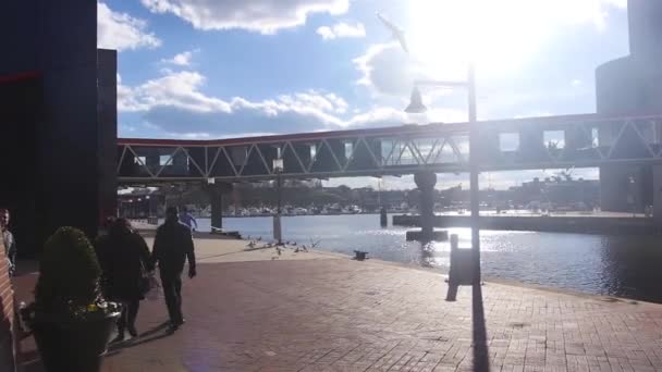Sol Brillando Detrás Poste Puerto Cerca Gente Caminando Estático — Vídeos de Stock