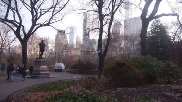 Patung Dikelilingi Oleh Pohon Pohon Dan Orang Orang Central Park — Stok Video