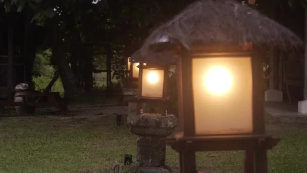 Lanternes Alignées Dans Jardin Entouré Arbres — Video
