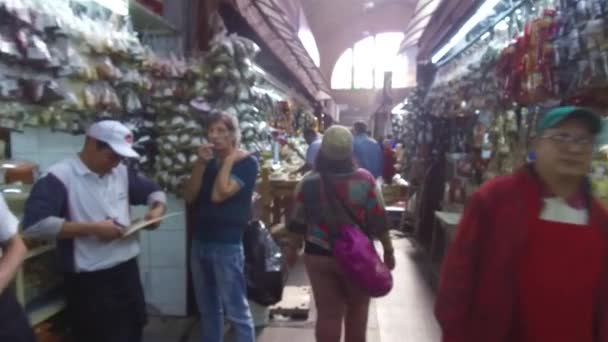 屋内市場のスタンドに囲まれた女性の歩行に続く スライド — ストック動画