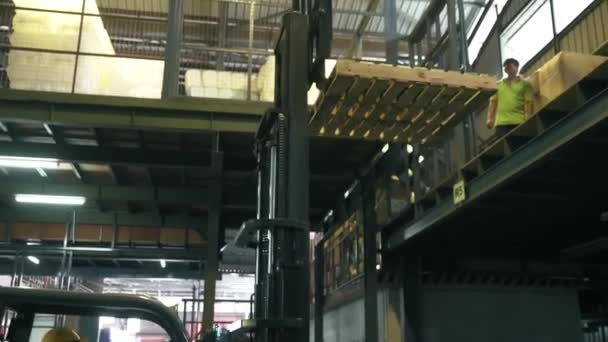Gabelstapler Hebt Eine Holzpalette Einer Fabrik Auf Eine Etage — Stockvideo