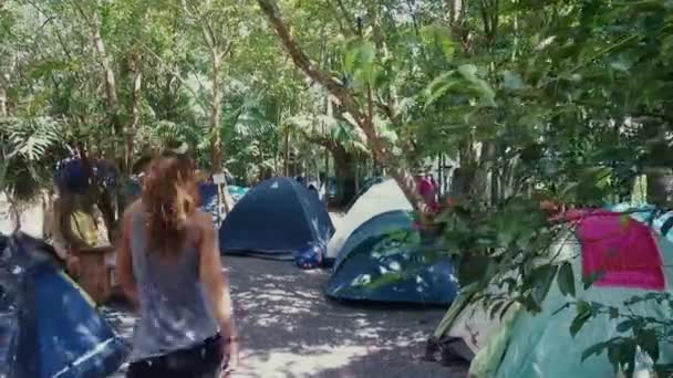 Woman Walking Camp Site Woods — Stock Video