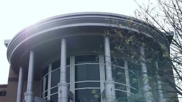 Edifício Vista Cheia Vidro Preto Lado Árvore Mover Para Baixo — Vídeo de Stock