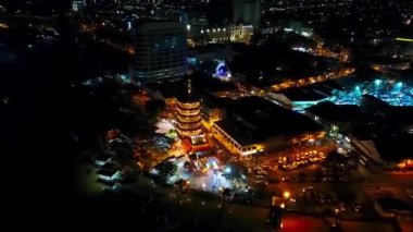 Night Aerial View of a Chinese Template next to the sea in the city of Kota Kinabalu - Malaysia