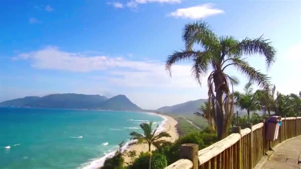 Beautiful Landscape View Blue Brazilian Beach Mountains Palm Trees Slide — Vídeos de Stock