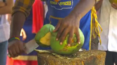 Hindistan cevizi kesip içine bir sokak köpeği koyan bir adamın ön görüntüsü.