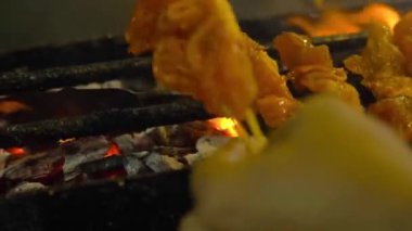 Closeup of raw satay sticks being placed on hot coal bbq grill at a night market in malaysia