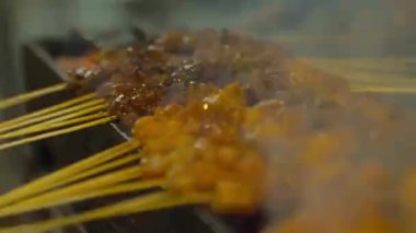 Side view of man making delicious bbq satay at a night market in kuala lumpur.